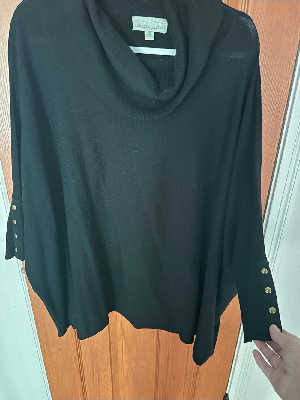 Carolyn Taylor Black Cowl Neck Sweater with Gold Button Detail